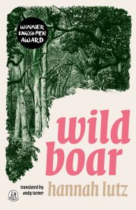 A dark green print of a forest where a wild board could live. The book title in pink lettering.